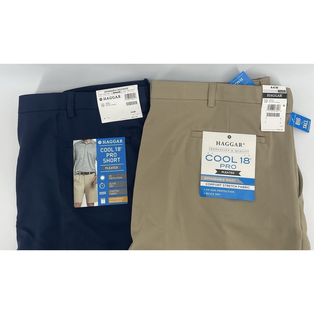 Haggar 2 Pack Cool 18 Pro Shorts 44 Navy Khaki Pleated Expandable Waist Golf NEW